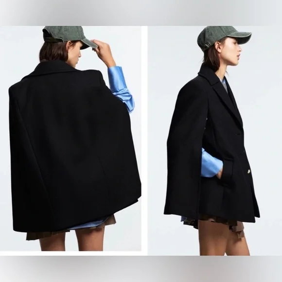 Zara Manteco Wool Blend Black Cape Coat with Gold Buttons women’s size L - Picture 2 of 9